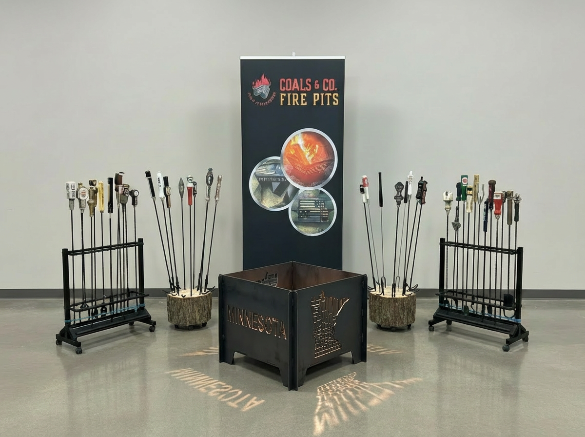 Coals & Company booth display with fire pits, roasting sticks, and metal art